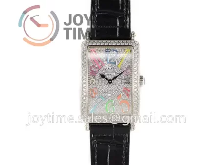 Franck Muller Long Island Ladies GF 1:1 Best Edition SS Case Full Diamond Leather Strap Ronda Quartz