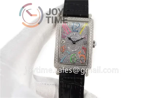 Franck Muller Long Island Ladies GF 1:1 Best Edition SS Case Full Diamond Leather Strap Ronda Quartz