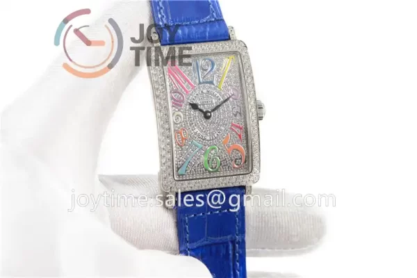 Franck Muller Long Island Ladies GF 1:1 Best Edition SS Case Full Diamond Leather Strap Ronda Quartz