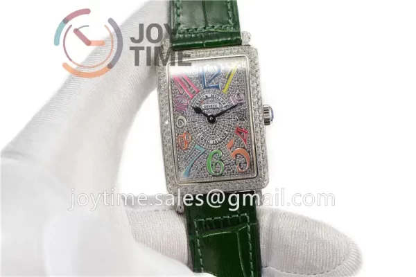 Franck Muller Long Island Ladies GF 1:1 Best Edition SS Case Full Diamond Leather Strap Ronda Quartz