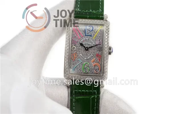 Franck Muller Long Island Ladies GF 1:1 Best Edition SS Case Full Diamond Leather Strap Ronda Quartz