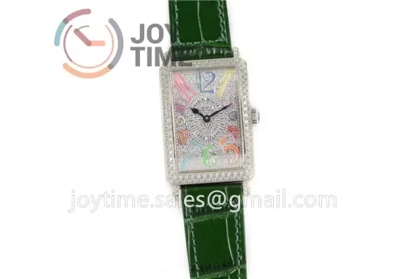 Franck Muller Long Island Ladies GF 1:1 Best Edition SS Case Full Diamond Leather Strap Ronda Quartz